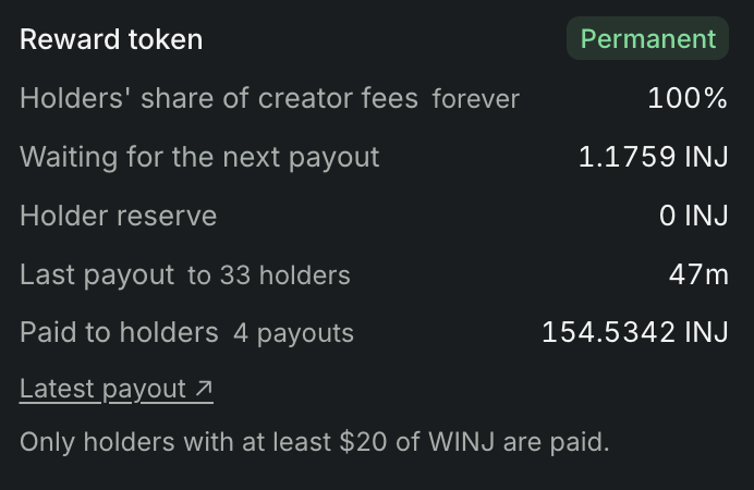 illustriousPRMR's tweet photo. Winjective has already paid out 154.5 injective-protocol:native to holders.

Talk about winjing! https://t.co/hcXBCJZoql