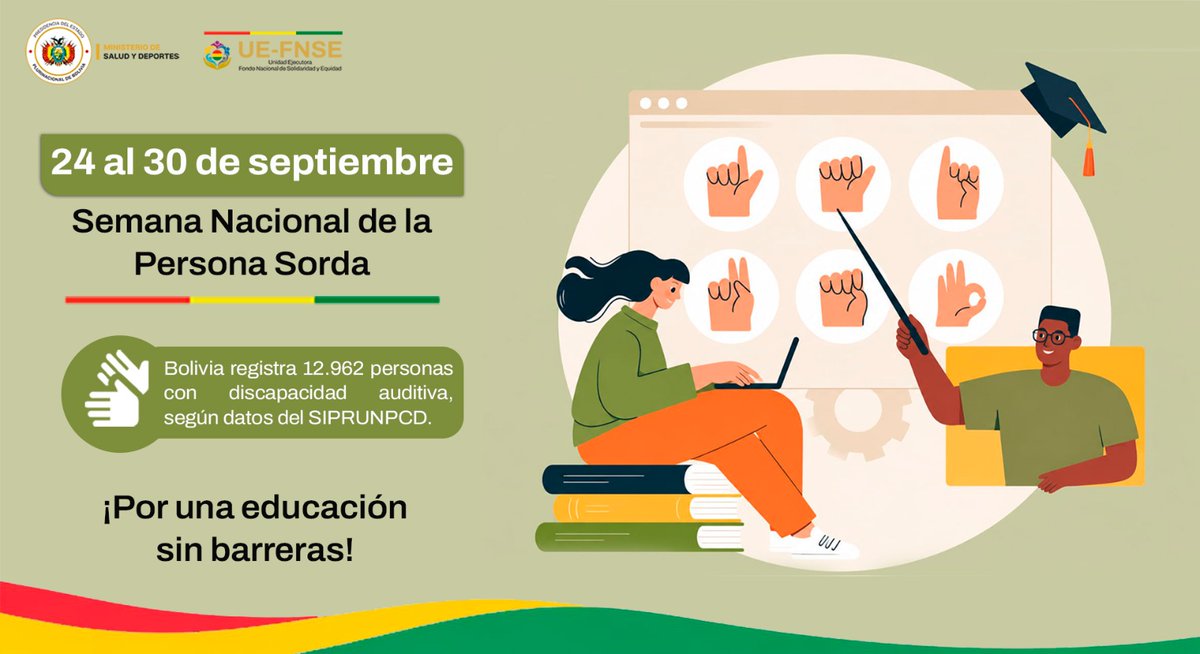 UEFNSE_oficial's tweet photo. En Bolivia, del 24 al 30 de septiembre, conmemoramos la Semana Nacional de la Persona Sorda.

🤟 Educación accesible e inclusiva, con LSB y recursos que eliminen barreras de comunicación.

#PersonaSorda #InclusiónEducativa #LSB #UEFNSE https://t.co/ny8p50rnTb