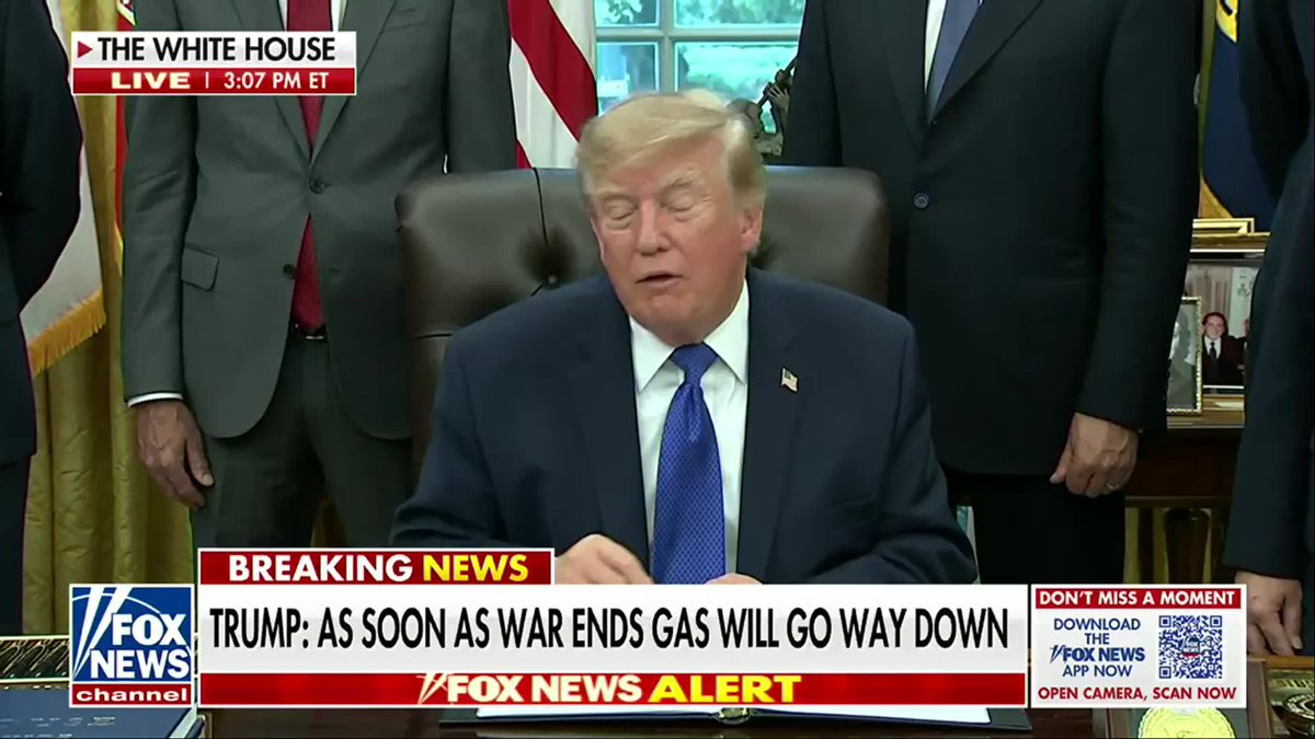 A Fox News broadcast screenshot showing Donald Trump at a White House desk with the chyron reading 'BREAKING NEWS: TRUMP: AS SOON AS WAR ENDS GAS WILL GO WAY DOWN' during a live 3:07 PM ET broadcast.