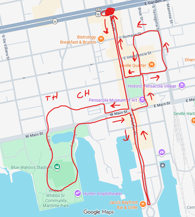 PensacolaCyber's tweet photo. This is our route for our rogue signal discovery. Come start at 1700CST. https://t.co/56VFf5DA8b