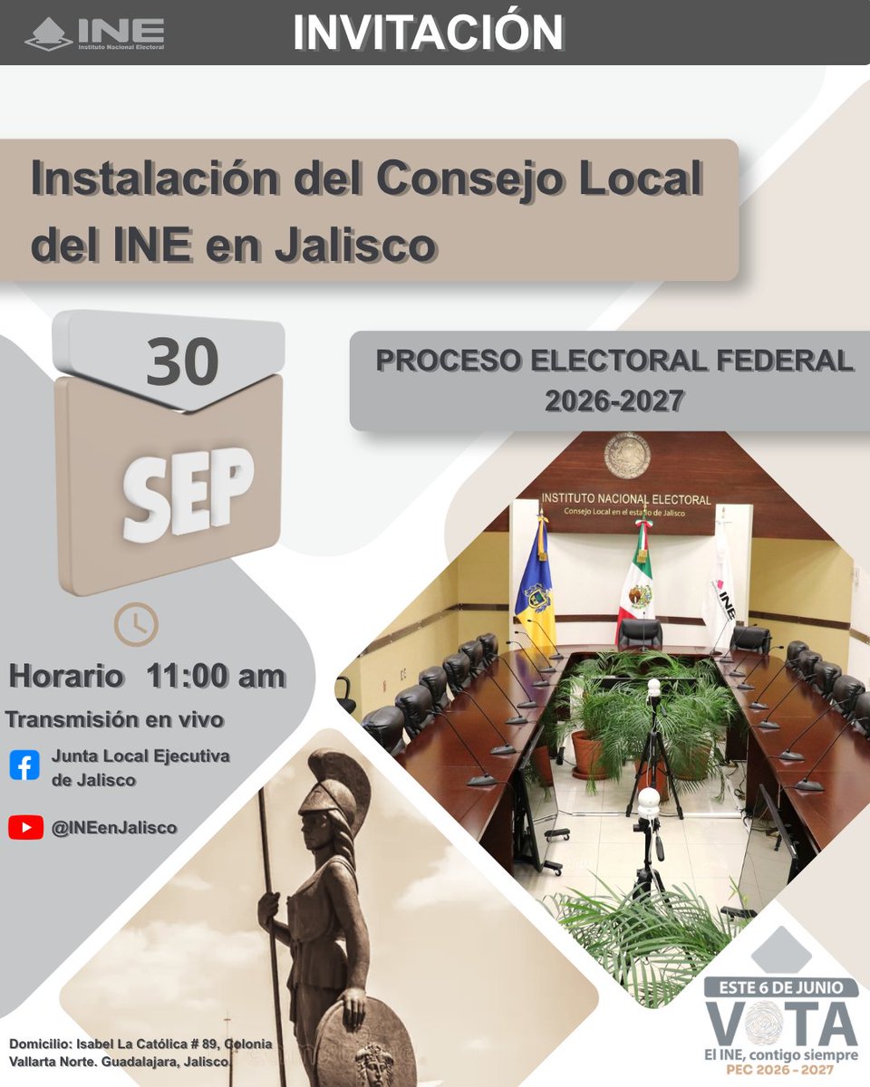 INEJALISCO's tweet photo. INSTALACIÓN DEL CONSEJO LOCAL DEL INE EN JALISCO
Proceso Electoral Federa 2026-2027
💻Sigue la transmisión en vivo 
✅Youtube: @INEenJalisco  
✅Facebook: @INEJALISCO https://t.co/AwXRRQCRSq