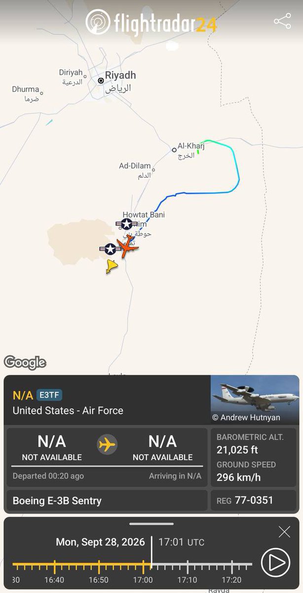 MideastIntelX's tweet photo. A U.S. E-3G early warning aircraft and a KC-46 refueling aircraft fly near #Yemen https://t.co/HUAyXsFdLB