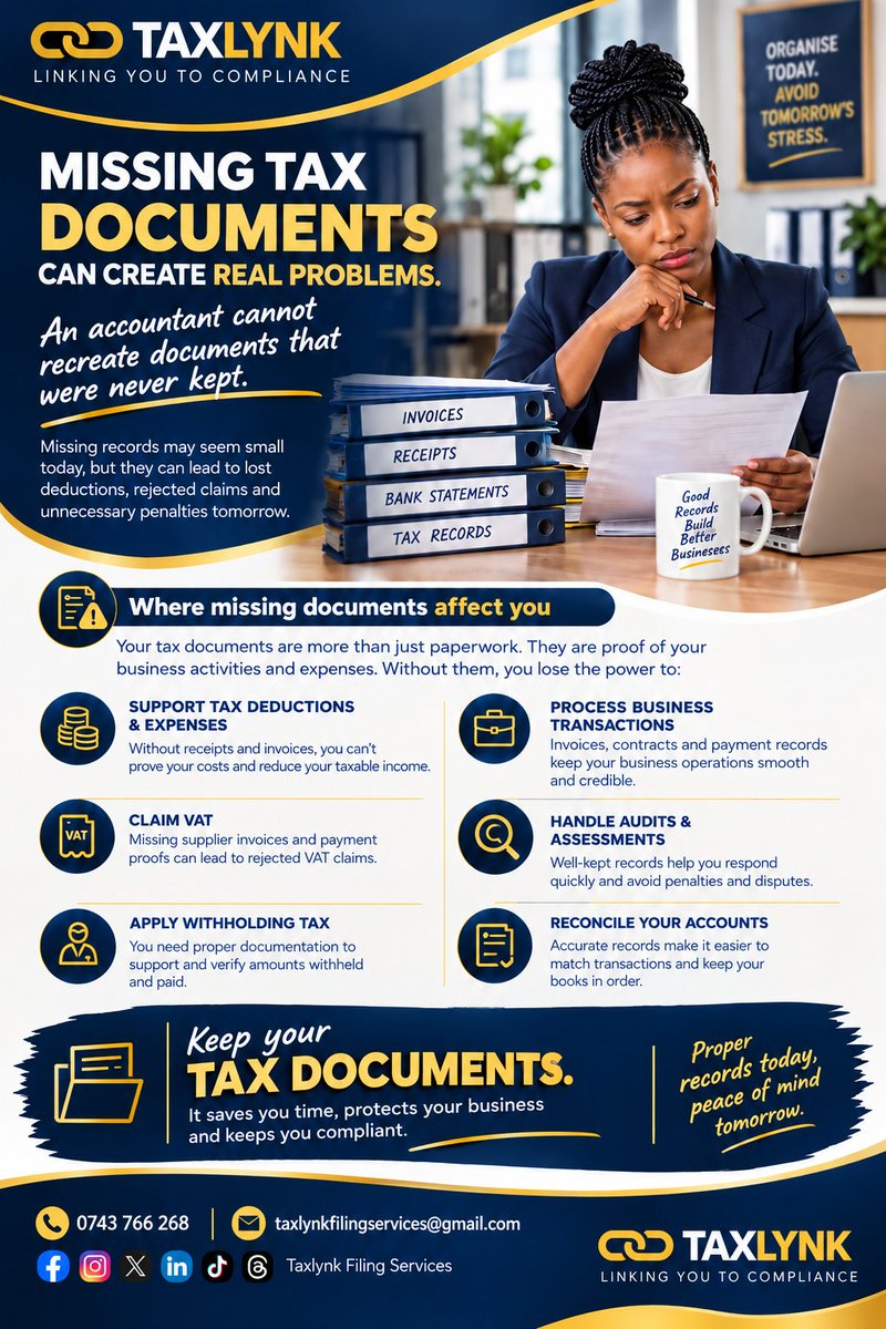 TaxLynkFilingS's tweet photo. BUSINESS OWNER, ARE YOUR RECORDS IN ORDER?
Your accountant can calculate your taxes, prepare your returns and reconcile your books.
But who keeps the supporting documents? 
Do you have a proper system for your invoices, receipts, bank statements, contracts and other records?
#Tax https://t.co/VEOOasxHP5