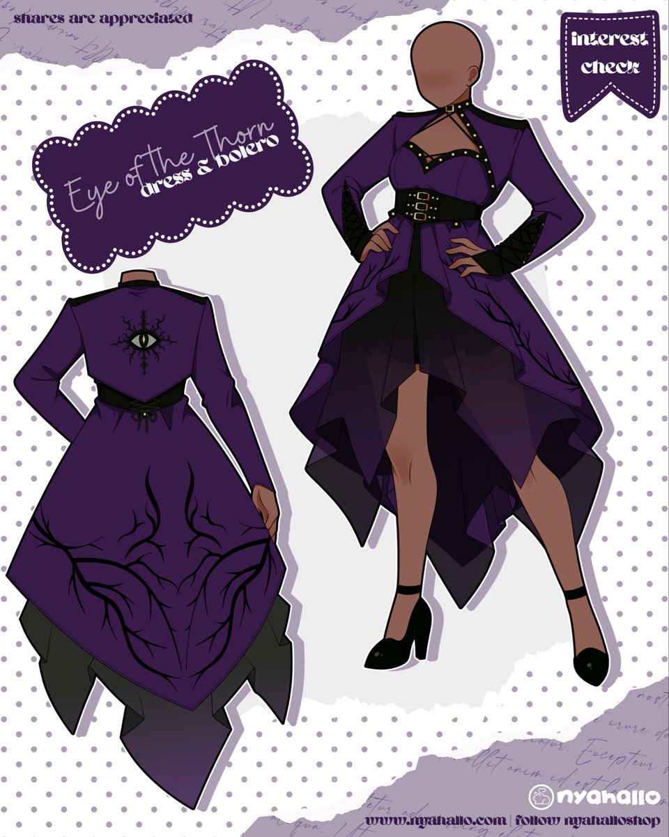 NyahalloShop's tweet photo. Eye of the thorn dress & bolero interest check! 🌱

This dress features an asymmetrical high-low hem, a bold belted waist, thorn-like detailing, a matching bolero for an added elegant touch, and on the back we completed this design with our signature Eye of the Thorn motif. This design comes in forest green, deep red, and royal purple for the colors. 🖤 Let us know if you would like to see this design brought to life!

QOTD: If you could add one extra detail to this dress, what would it be? Your feedback is extremely important! 🫶