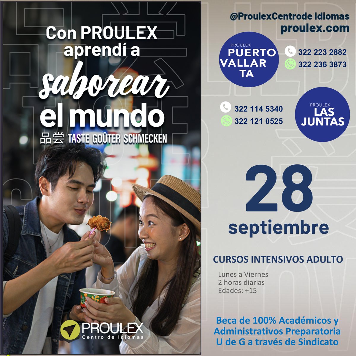 PrepaVallartUDG's tweet photo. 🌎✨ ¡Aprende a saborear el mundo con PROULEX!

Amplía tus habilidades en otro idioma con los cursos intensivos para adultos de PROULEX Centro de Idiomas. Una oportunidad para aprender, conocer nuevas culturas y abrirte a nuevas experiencias🌎🗣️ https://t.co/53VVsghYyX