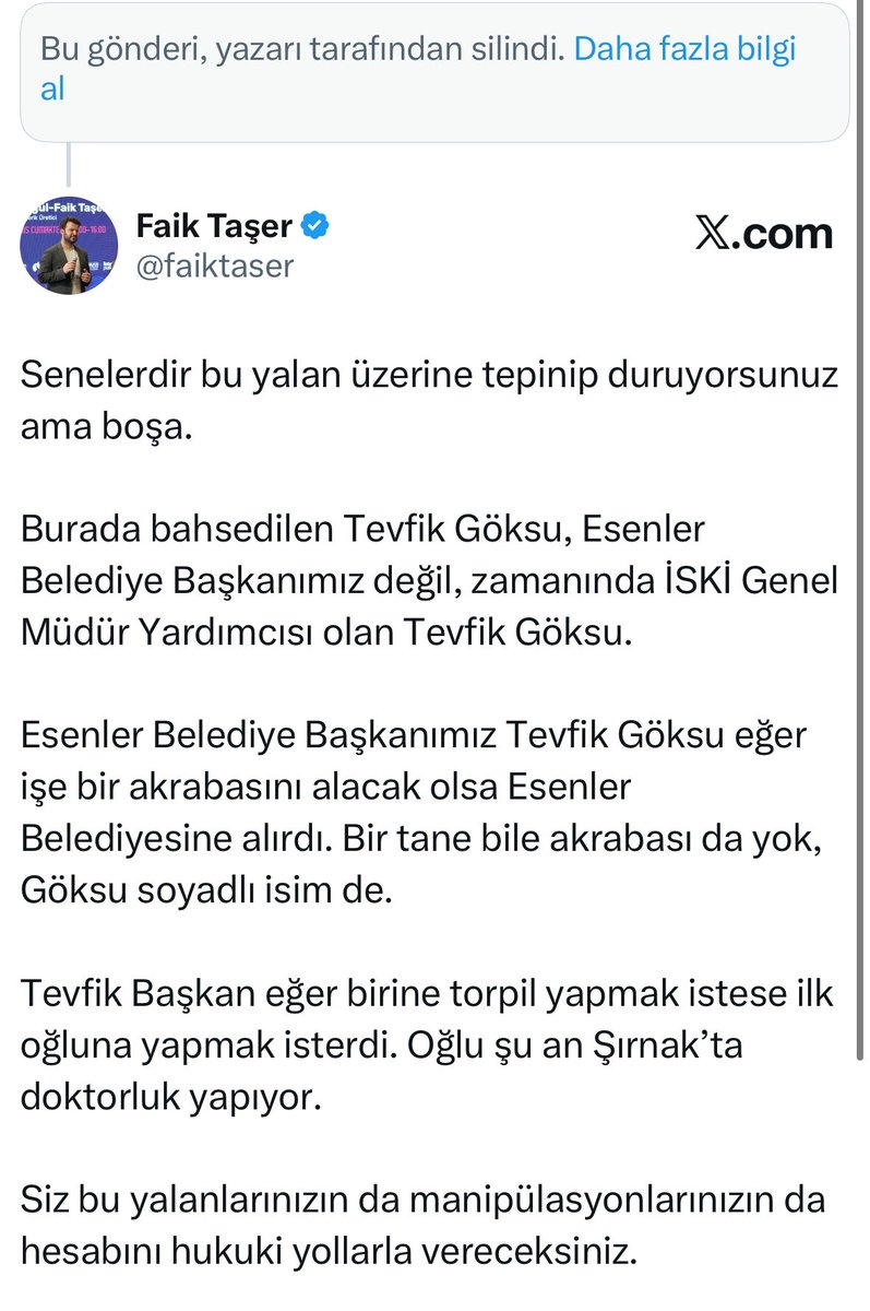 faiktaser's tweet photo. Tevfik Göksu Başkanımız için alçak iftirayı atan trol paylaşımını sildi.

Söylediğimiz gibi. Bir yalanı çokça tekrarlamak onu gerçek haline getirmez…

Yıllardır bir görsel ile hazırlanan bu iftira üzerinden tepinen trollere de ders olsun! https://t.co/8KSJtfWzuQ