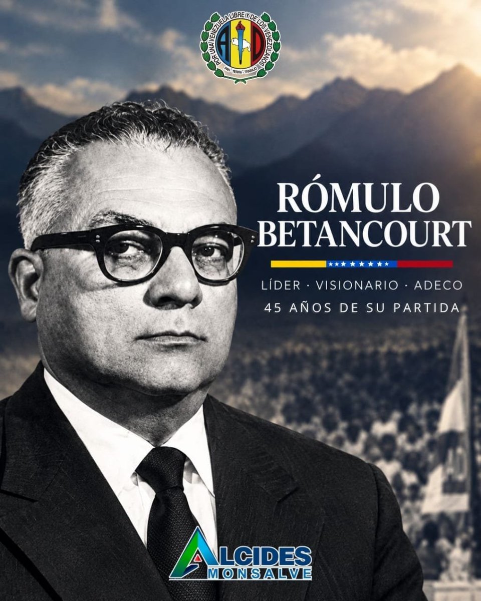 alcidesmonsalve's tweet photo. Hoy recordamos a Rómulo Betancourt, fundador de Acción Democrática y hombre fundamental en la construcción de la Venezuela democrática.

Su nombre está unido a una generación que entendió que la política debía tener un propósito: servir al pueblo, defender la libertad y abrirle camino a una Venezuela de justicia social, igualdad y oportunidades.

Betancourt no dejó solamente una historia. Dejó una conducta: la de luchar, perseverar y mantener firmes las convicciones aun en los momentos más difíciles.

A los adecos nos corresponde mantener viva esa bandera.

Porque ser adeco también es entender que la democracia se defiende, que la libertad se ejerce y que la política tiene sentido cuando está al servicio de la gente.

Rómulo Betancourt vive en la memoria de Acción Democrática y en la historia democrática de Venezuela.

Alcides Monsalve
Secretario General AD Mérida