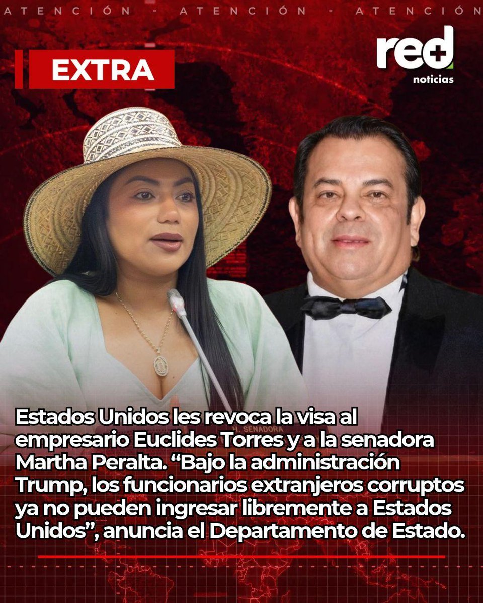 RedMasNoticias's tweet photo. #EXTRA | Estados Unidos les revoca la visa al empresario Euclides Torres y a la senadora Martha Peralta. “Bajo la administración Trump, los funcionarios extranjeros corruptos ya no pueden ingresar libremente a Estados Unidos”, anuncia el Departamento de Estado. https://t.co/h1yDUnWCKu