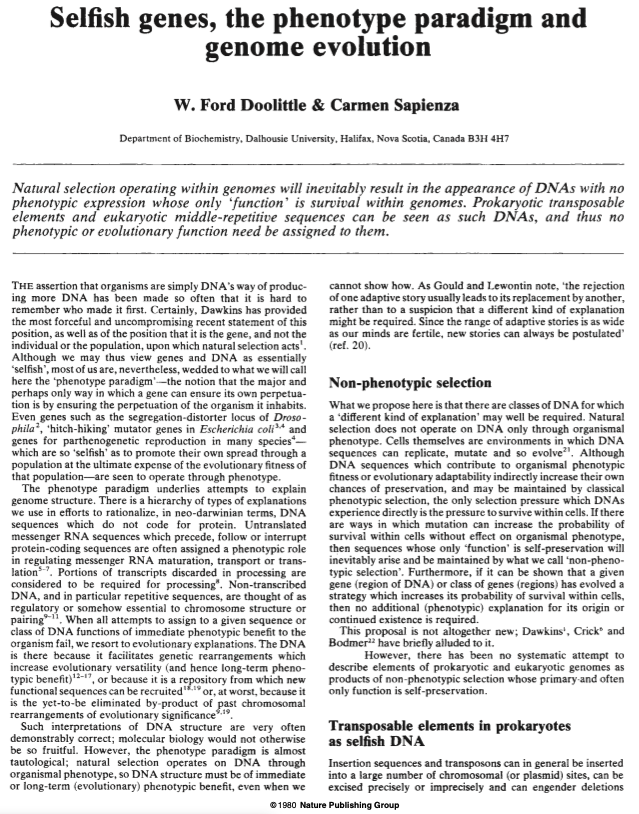 NikoMcCarty's tweet photo. It feels like review articles are getting bland and borderline unreadable. Rarely do I find a review article that makes a compelling argument; most read like long lists of papers with basically no voice whatsoever. They could easily be written by AIs (and probably are, in many cases.)

Review articles used to be spicy! In 1987, Carl Woese argued that the “procaryote-eucaryote dogma” was preventing “many biologists from appreciating the importance of treating archaebacteria as distinct from eubacteria.” Doolittle and Sapienza’s 1980 review on selfish genes has, in my opinion, some of the most compelling scientific writing—and cites just 54 references! This is almost unheard of today, when most reviews have hundreds of references.

Here’s a snippet:

“We do not deny that prokaryotic transposable elements or repetitive and unique-sequence DNAs not coding for protein in eukaryotes may have roles of immediate phenotypic benefit to the organism. Nor do we deny roles for these elements in the evolutionary process. We do question the almost automatic invocation of such roles for DNAs whose function is not obvious, when another and perhaps simpler explanation for their origin and maintenance is possible. […]

“When a given DNA, or class of DNAs, of unproven phenotypic function can be shown to have evolved a strategy (such as transposition) which ensures its genomic survival, then no other explanation for its existence is necessary. The search for other explanations may prove, if not intellectually sterile, ultimately futile.” (Banger last sentence.)

There are plenty of other examples, too. I also like Jeremy Gunawardena’s provocatively titled review, “Biology is more theoretical than physics.”

Of course, I could be wrong about the trend. Maybe I’m just nostalgic for older reviews by people who went on to achieve great things. But every time I’m asked to write a review, there seems to be a huge list of rules: it must be this length, with this many figures, and this many references; often a MINIMUM of something like 120, which is insane. Then the review is sent out to reviewers who get offended if you haven’t included every thought they’ve ever had.

We need looser, less restrictive models of scientific writing. A review shouldn’t need a prescribed reference count or word count. There ought to be a journal that SOLELY publishes biological ideas, of any length, with any number of references.

This kind of free-flowing writing is probably the last protection against AI, too. The modern style of long-winded, list-y reviews hardly seems defensible. AI tools can scrape the internet and briefly comment on papers far faster than humans can. And that stuff isn’t exciting to read anyway. We should incentivize and reward opinions, hot takes, spiciness. Doing so will probably require better editors who both have good taste and who are willing to occasionally overrule negative reviewers and give more freedom to authors who want to put their ideas forward.