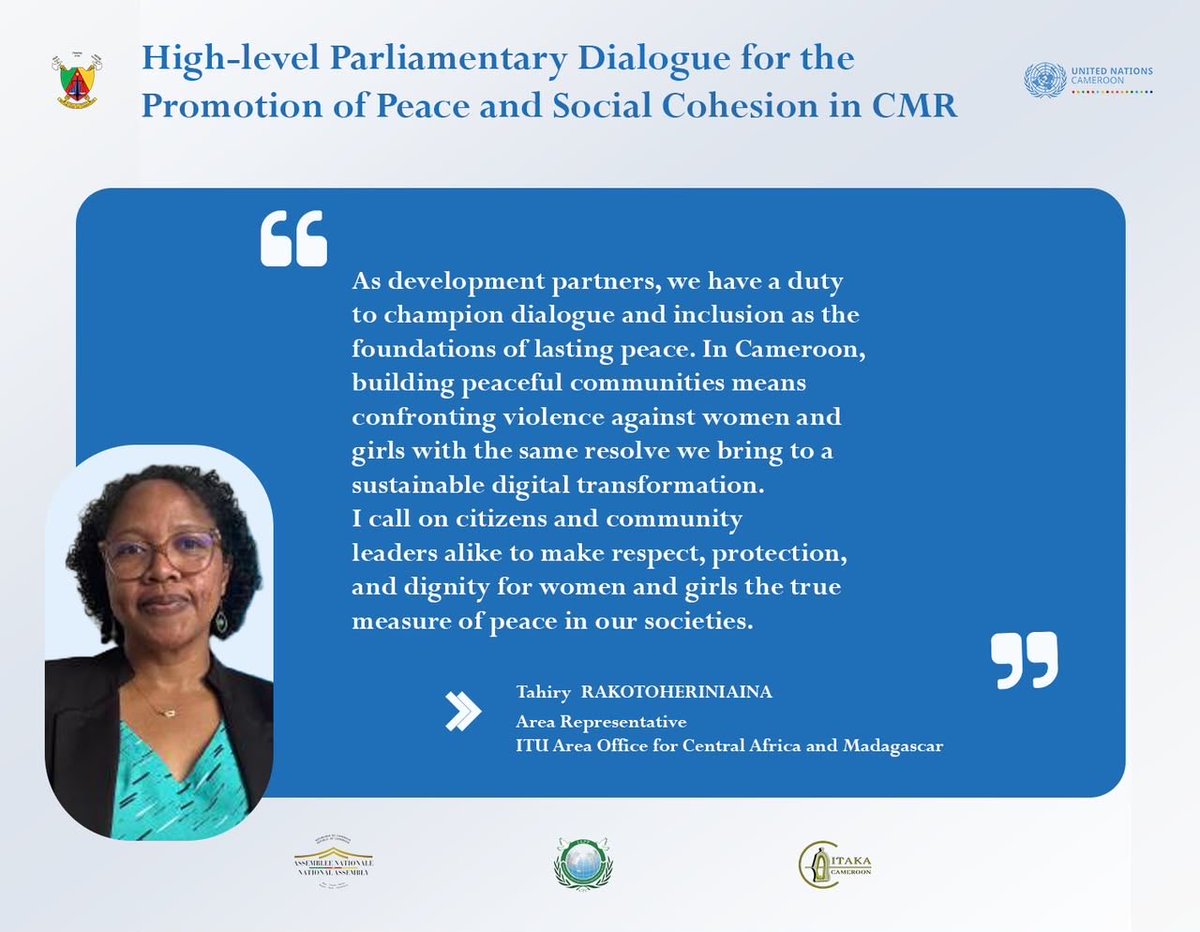 UN_Cameroon's tweet photo. “We have a duty to #championdialogue and #inclusion as the foundations of lasting peace.”  @ITU area Rep. for central Africa and Madagascar, @rakotohe1 joins her voice to the advocacy for peace in Cameroon on the wake of international #PeaceDay26. 
#InvestInPeace https://t.co/JAmRmje24U