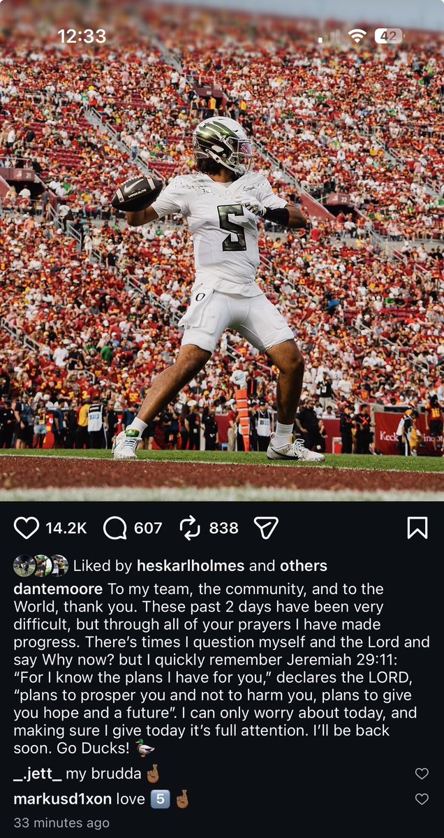 mtorressports's tweet photo. Oregon QB Dante Moore shares a message on his Instagram for the first time since sustaining a concussion against USC. 

“I’ll be back soon.” https://t.co/bjinPmULzV