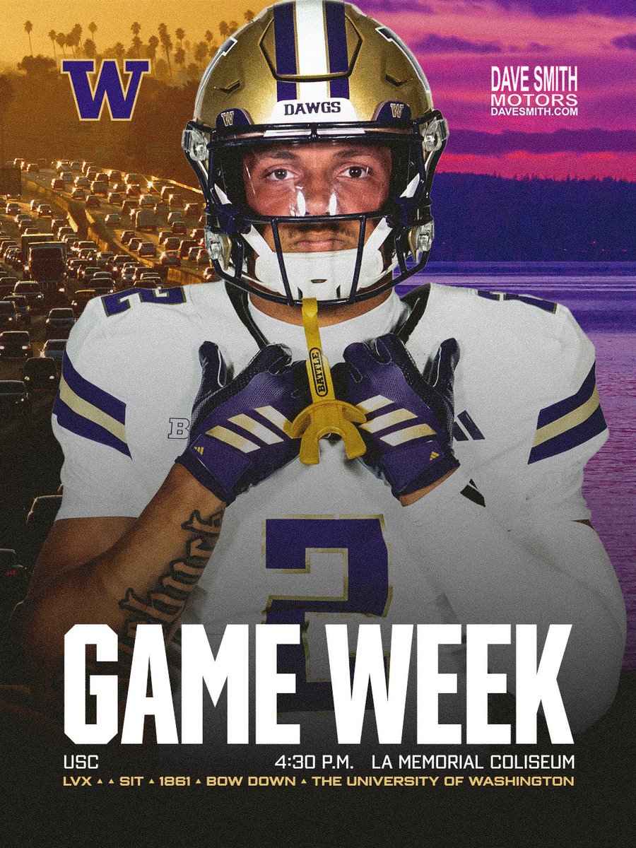 UW_Football's tweet photo. Dawgs on the road.
🕗 4:30pm PT 
📅 Saturday, October 3rd
🏟️ LA Memorial Coliseum
📺 @NBCSports 
➡️ https://t.co/nS4gGkiA4E https://t.co/XcH0Y1hvgC