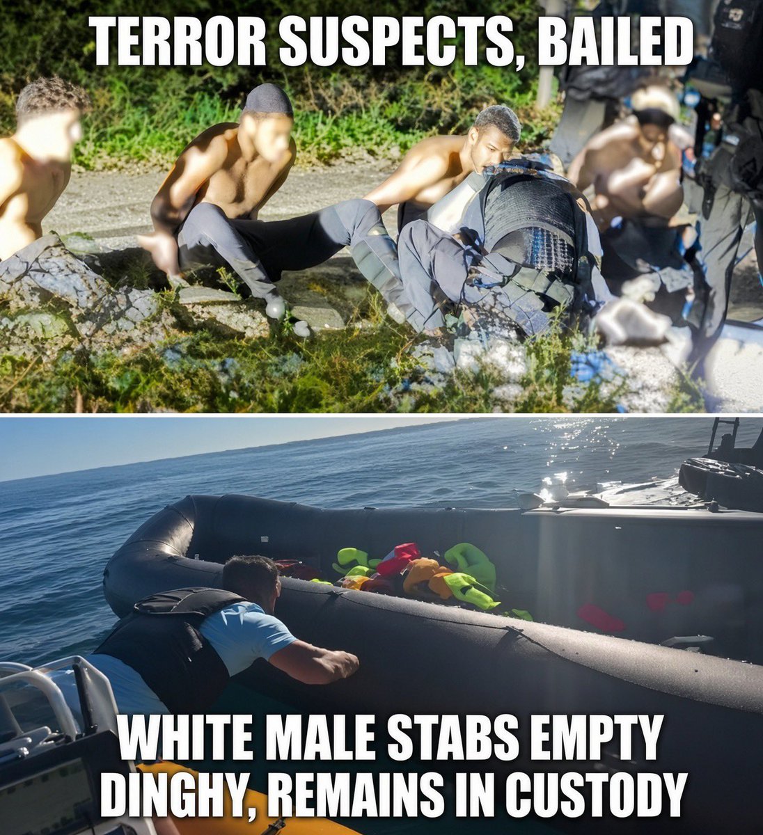 TheBritLad's tweet photo. 🚨NEWS: Five men held on suspicion of a terror plot at an RAF base: RELEASED on bail pending investigation.

A white British man named Danny Tommo slashes a dinghy in the Channel? No bail. Straight to the cells.

Two-tier justice in action. https://t.co/AVjnfI58lF