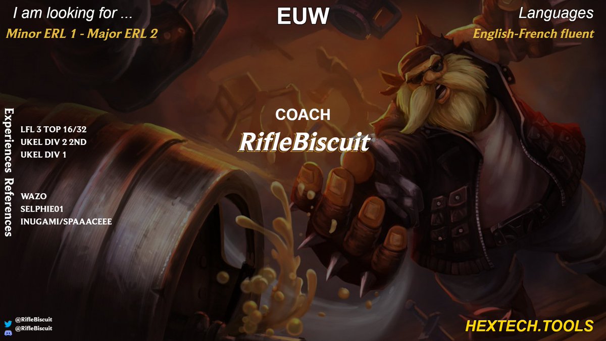 RifleBiscuit's tweet photo. Looking at options for next split, ERL 1 minor/ERL 2 major/NA T2-T3 @LoL_LFT_Fr #LFT https://t.co/VmahfigwlJ