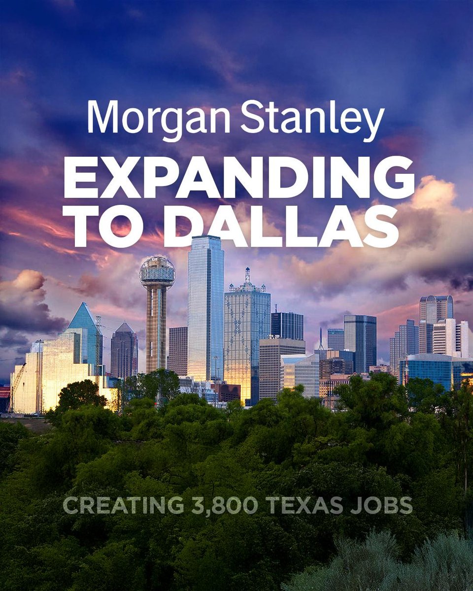 GovAbbottPress's tweet photo. Governor Abbott announced Morgan Stanley will establish a new U.S. hub in Dallas, creating more than 3,800 jobs and investing more than half a billion dollars in Texas.

Texas is the financial capital of America, and opportunity’s address is now Y’all Street. https://t.co/1LNTZAM5fh