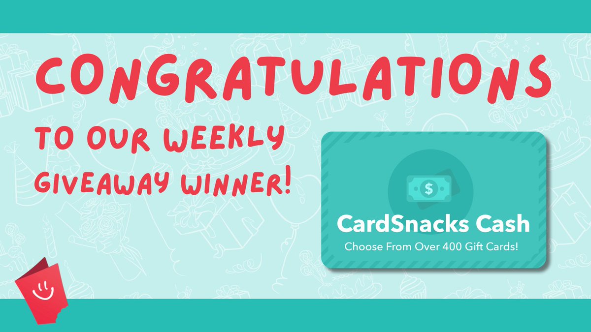 CardSnacks's tweet photo. Congratulations @CartoonCalendar!
You are this weeks winner of our 25$ CardSnacks Cash Giveaway! Check your DMs to claim your prize!
CardSnacks Cash allows you to choose a gift card from over 400+ retailers💰
If you didn't win, don't worry! We have another #Giveaway this week! https://t.co/hUxLJAifRC