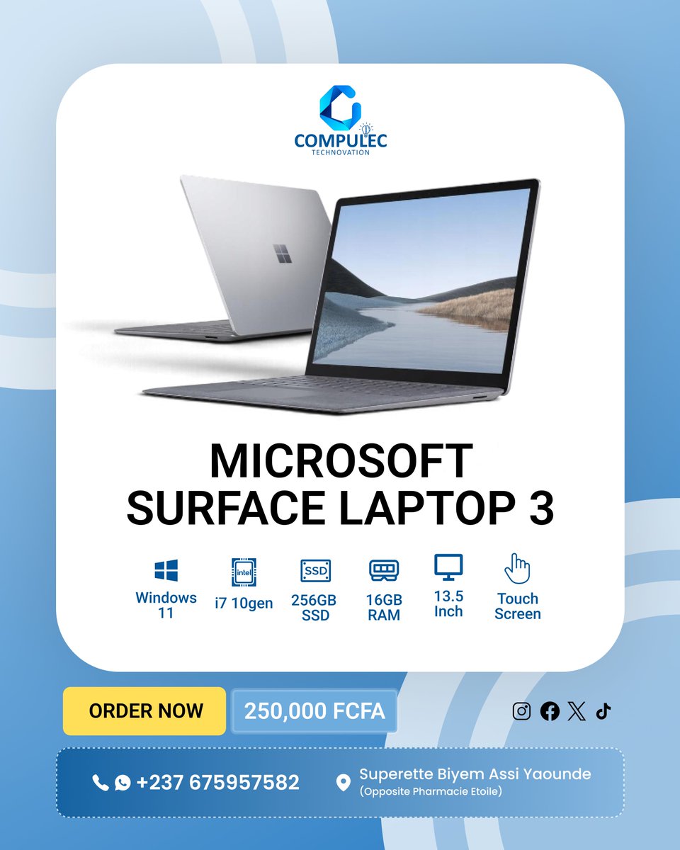 CompulecTech's tweet photo. 💻 Microsoft Surface Laptop 3 — Sleek, powerful &amp; ready to work! 🔥
📩 DM to order. 🚀

#Cameroon #africatech #technology #MicrosoftSurface #Compulec https://t.co/GoP2AX434R