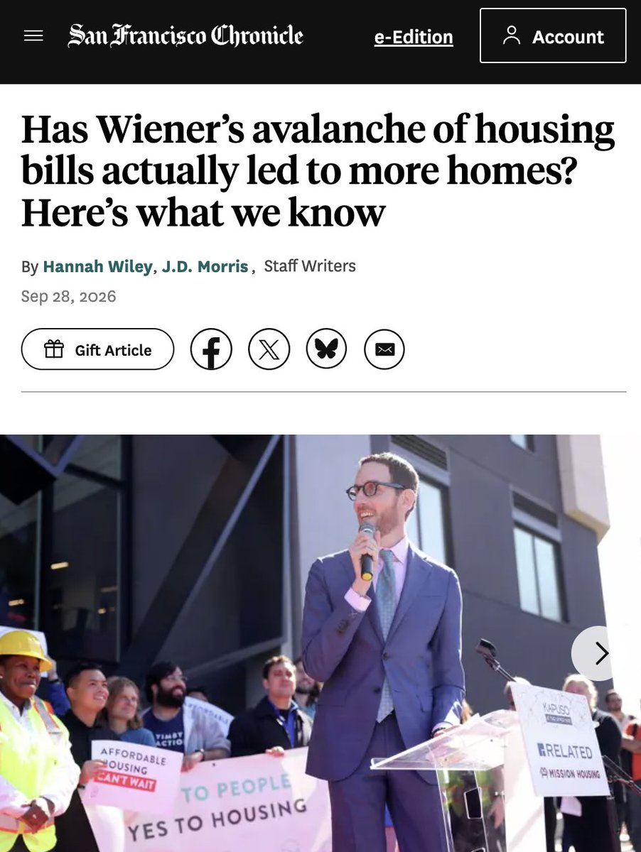 bilalmahmood's tweet photo. Wrong question to be asking.

A better one: why do so many of the homes SF has ACTUALLY approved in recent years trace back to Senator Wiener's bills?

880 McAllister: 2,300 homes (SB 593)
1064 Mission: 256 homes (SB 35)
1965 Market: 201 homes (SB 423)
1939 Market: 187 homes (SB 35)
730 Stanyan: 160 homes (SB 35)
681 Florida: 130 homes (SB 35)
2340 San Jose: 121 homes (SB 35)
2550 Irving: 90 homes (SB 35)
3001 24th St: 45 homes(SB 35)

SB 35 alone has streamlined 3,600+ homes in SF.

The broader context: State law can open the door. The city has to choose to walk through it. 

San Francisco has indeed not built enough housing in recent years. But what we have built (majority of affordable!), would not have been built without Senator Wiener's efforts.

If we want to realize the full potential of Senator Wiener's work to become housing, City Hall has to stop getting in the way (which his opponent has done time and time again).