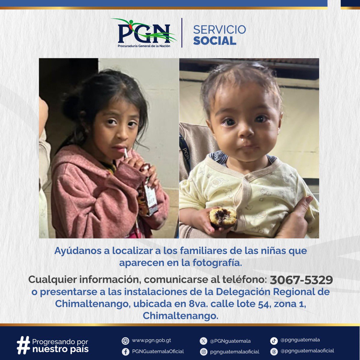 PGNguatemala's tweet photo. Tu ayuda es importante, comparte la imagen para encontrar un familiar de las niñas que aparecen en la fotografía. 📍Ubicación: Chimaltenango #ServicioSocial #PGN https://t.co/znLDMuKA8K