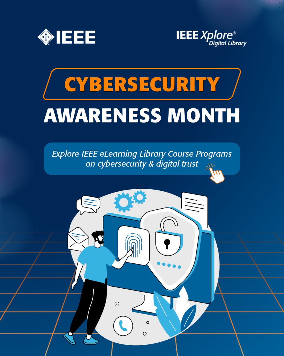 IEEEXplore's tweet photo. Did you know October is National #Cybersecurity Awareness Month?! 🔐

IEEE offers many courses related to cybersecurity including: Ethical Solutions to Defeat Cyber Attacks, All About Iot Security, Cyber Security Tools for Today's Environment &amp; more! 

🔗 https://t.co/6WuuCjZj3X https://t.co/cPejG97e4j