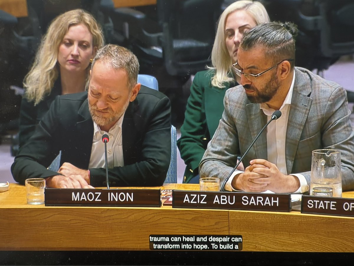JohnLyndon_'s tweet photo. 1/ Today at UNSC, bereaved peacebuilders @maozinon &amp; @AzizAbuSarah delivered a message that was both deeply personal and profoundly political. And took demands of civil society into room that can determine I/P future 
🧵 https://t.co/87u4NGur4w