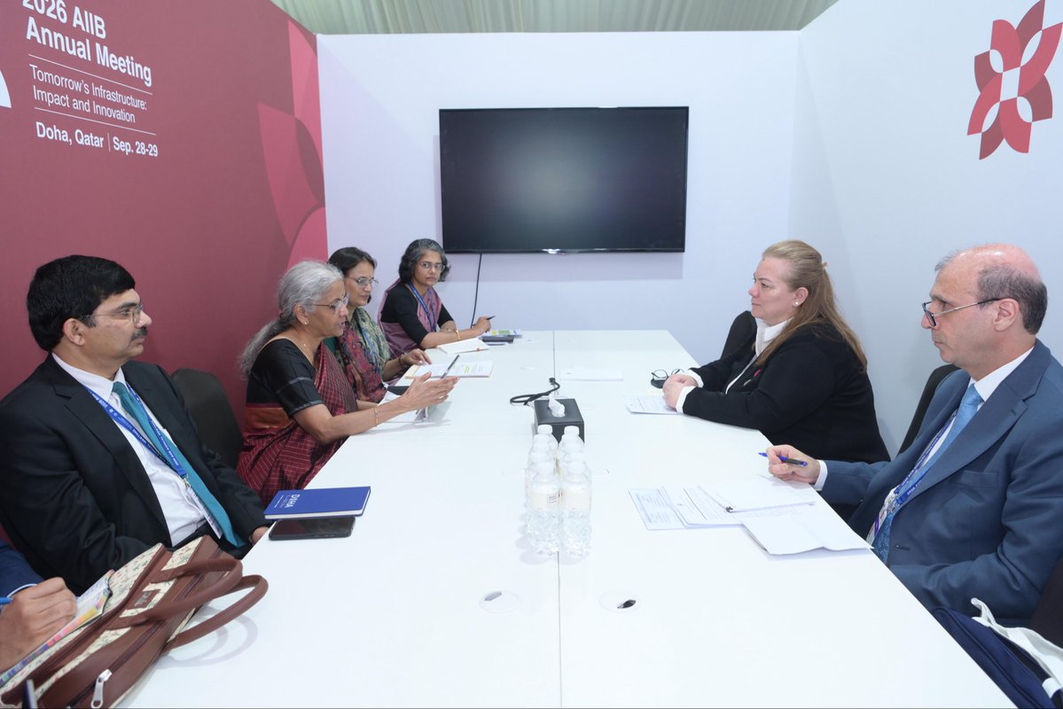 FinMinIndia's tweet photo. Union Minister for Finance & Corporate Affairs Smt. @nsitharaman met H.E. Ms. Zeina Zeid Toukan @MoPIC_Jordan on the sidelines of the AIIB 2026 Annual Meeting in Doha, Qatar, today.

The two Ministers discussed strengthening bilateral cooperation between India and Jordan spanning various fields, particularly food security, fertilisers, trade and investment.

The Union Finance Minister noted that India is the fourth largest trading partner for Jordan and highlighted the target of enhancing bilateral trade to $5 billion by 2030. 

H.E. Ms. Zeina Zeid Toukan said that India is a critical market for Jordan and that Jordan is keen to continue and strengthen cooperation in many sectors including fertilizers, energy, water and infrastructure projects, and looked forward to more investment opportunities in Jordan.
