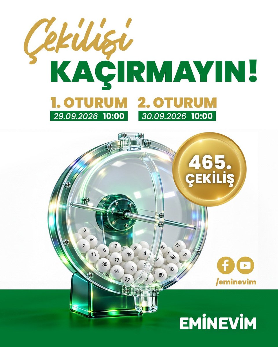 eminevim's tweet photo. 465. çekilişimizin ilk oturumu 29 Eylül Salı günü saat 10.00’da, 2. oturumu ise 30 Eylül Çarşamba günü saat 10.00’da gerçekleştirilecektir.

Çekilişimiz Youtube kanalımızdan ve Facebook hesabımızdan canlı olarak yayınlanacaktır. Bu heyecanı kaçırmayın.

#Eminevim #Çekiliş https://t.co/6Y2AZUxOQT