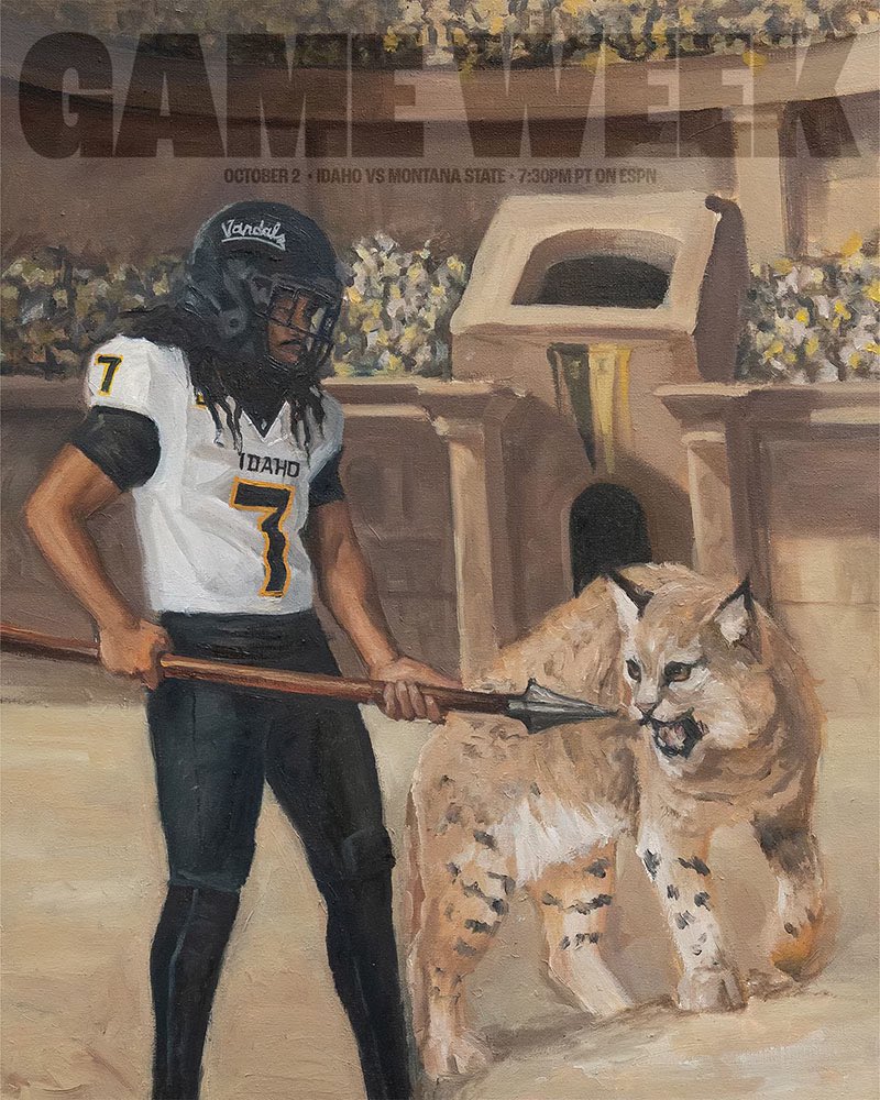 VandalFootball's tweet photo. Friday night under the lights. 

🆚 Montana State Bobcats
📍 P1FCU Kibbie Dome
🗓️ Friday, October 2
⏰ 7:30pm PT
📺 ESPN

Original painting by Idaho artist Emma Cuddy https://t.co/W67cRK6Mpk
