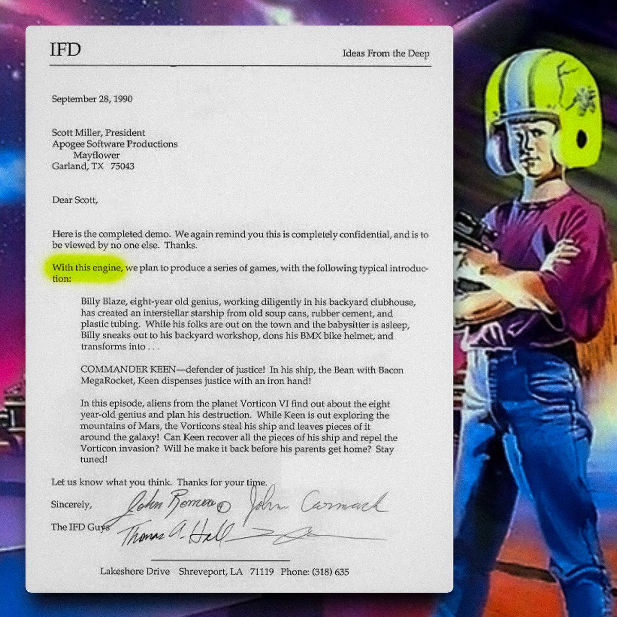 Apogee_Ent's tweet photo. On this date in 1990, gaming history was being written.

The team that would become id Software sent this letter to Apogee’s Scott Miller, describing the technology behind Commander Keen as an “engine,” a term that would become fundamental to game development. https://t.co/CZHo0u9IKG