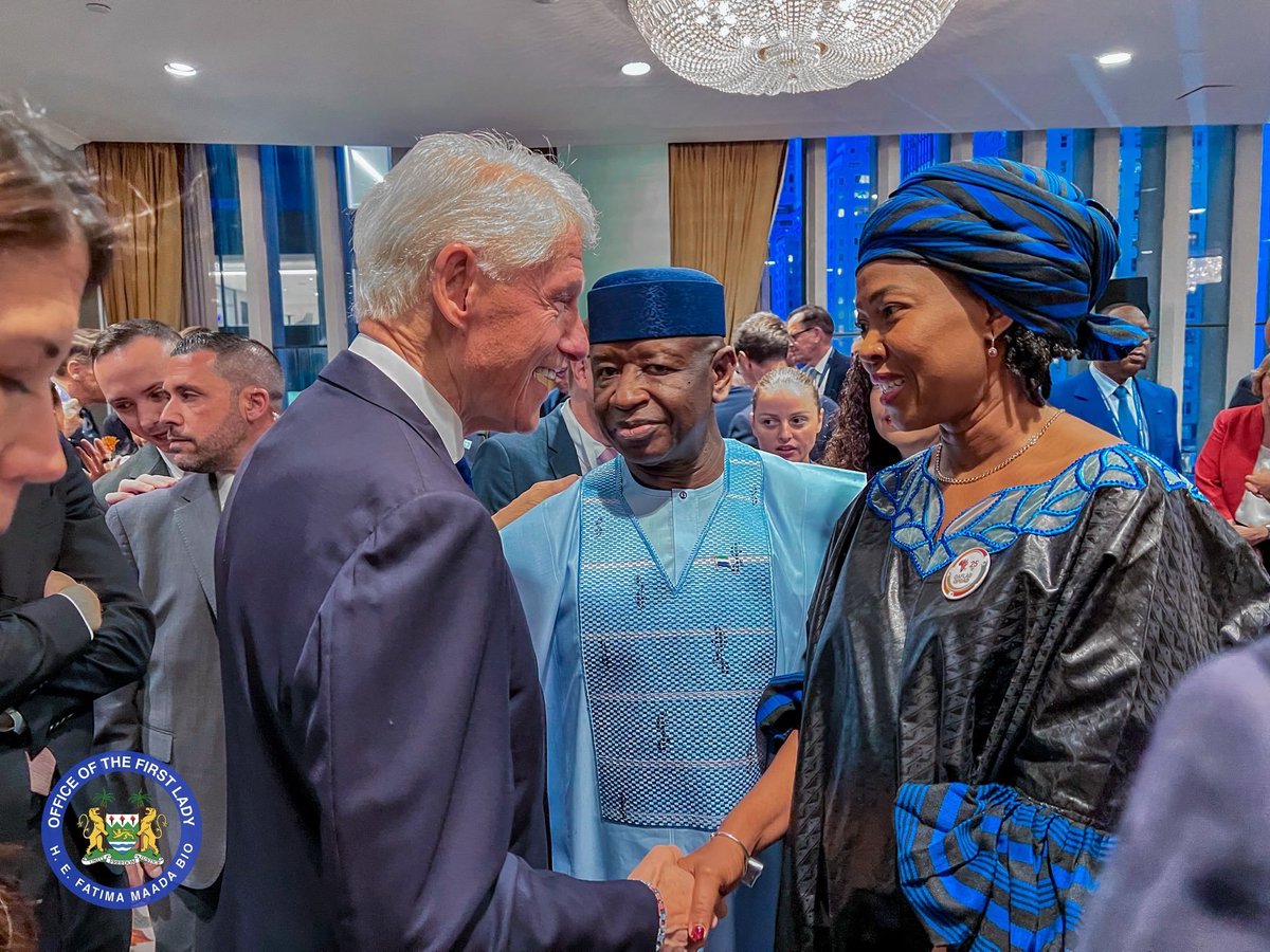 FirstLadyBio's tweet photo. During the 81st United Nations General Assembly in New York, I had the honour of joining H.E. President Julius Maada Bio at the Clinton Global Initiative dinner, where we came together in support of an important project and a shared commitment to advancing meaningful change.

We were honoured to be hosted by Former President Bill Clinton, whose longstanding commitment to bringing leaders together around solutions to some of the world’s most pressing challenges continues to inspire.

It was a particularly special evening for President Bio and me — an opportunity to stand together, represent Sierra Leone, and support an initiative that speaks to the importance of partnership, leadership and collective action.

Moments such as these remind us that progress is strongest when leaders, institutions and communities come together with a shared purpose.

I was deeply honoured to be part of this memorable evening during UNGA81, and grateful for the opportunity to continue championing initiatives that create opportunities and a better future for our people and our continent.

FMB