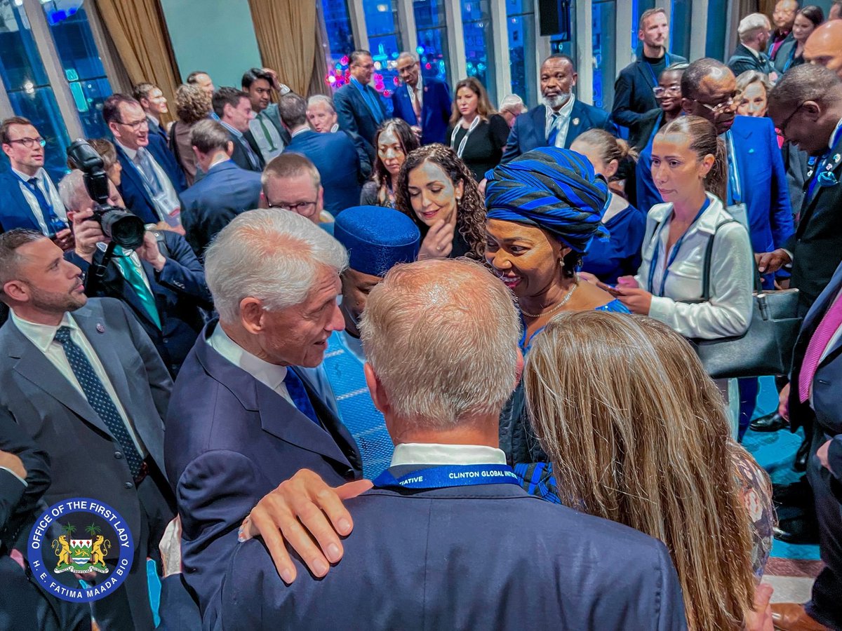 FirstLadyBio's tweet photo. During the 81st United Nations General Assembly in New York, I had the honour of joining H.E. President Julius Maada Bio at the Clinton Global Initiative dinner, where we came together in support of an important project and a shared commitment to advancing meaningful change.

We were honoured to be hosted by Former President Bill Clinton, whose longstanding commitment to bringing leaders together around solutions to some of the world’s most pressing challenges continues to inspire.

It was a particularly special evening for President Bio and me — an opportunity to stand together, represent Sierra Leone, and support an initiative that speaks to the importance of partnership, leadership and collective action.

Moments such as these remind us that progress is strongest when leaders, institutions and communities come together with a shared purpose.

I was deeply honoured to be part of this memorable evening during UNGA81, and grateful for the opportunity to continue championing initiatives that create opportunities and a better future for our people and our continent.

FMB