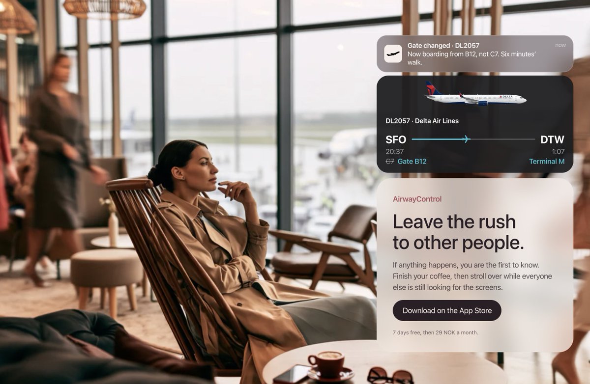 svendsenc's tweet photo. I built AirwayControl for people who wants to skip the constant hunt for info boards at the airport, and instead get everything straight in the phone. It's like traveling with x-ray vision. https://t.co/JxsUBUQpIx https://t.co/wgL02qidO8