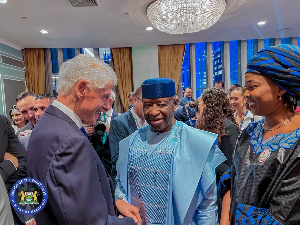 FirstLadyBio's tweet photo. During the 81st United Nations General Assembly in New York, I had the honour of joining H.E. President Julius Maada Bio at the Clinton Global Initiative dinner, where we came together in support of an important project and a shared commitment to advancing meaningful change.

We were honoured to be hosted by Former President Bill Clinton, whose longstanding commitment to bringing leaders together around solutions to some of the world’s most pressing challenges continues to inspire.

It was a particularly special evening for President Bio and me — an opportunity to stand together, represent Sierra Leone, and support an initiative that speaks to the importance of partnership, leadership and collective action.

Moments such as these remind us that progress is strongest when leaders, institutions and communities come together with a shared purpose.

I was deeply honoured to be part of this memorable evening during UNGA81, and grateful for the opportunity to continue championing initiatives that create opportunities and a better future for our people and our continent.

FMB