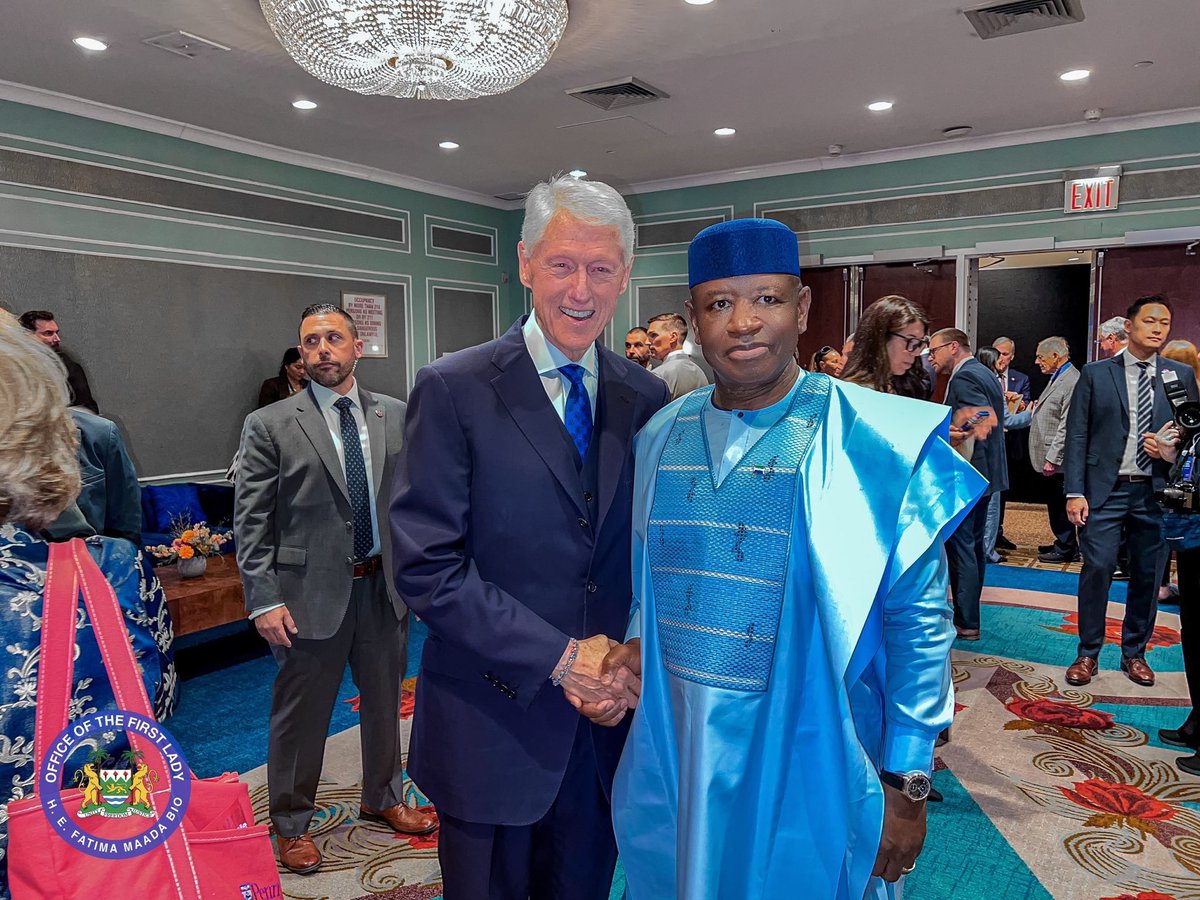 FirstLadyBio's tweet photo. During the 81st United Nations General Assembly in New York, I had the honour of joining H.E. President Julius Maada Bio at the Clinton Global Initiative dinner, where we came together in support of an important project and a shared commitment to advancing meaningful change.

We were honoured to be hosted by Former President Bill Clinton, whose longstanding commitment to bringing leaders together around solutions to some of the world’s most pressing challenges continues to inspire.

It was a particularly special evening for President Bio and me — an opportunity to stand together, represent Sierra Leone, and support an initiative that speaks to the importance of partnership, leadership and collective action.

Moments such as these remind us that progress is strongest when leaders, institutions and communities come together with a shared purpose.

I was deeply honoured to be part of this memorable evening during UNGA81, and grateful for the opportunity to continue championing initiatives that create opportunities and a better future for our people and our continent.

FMB
