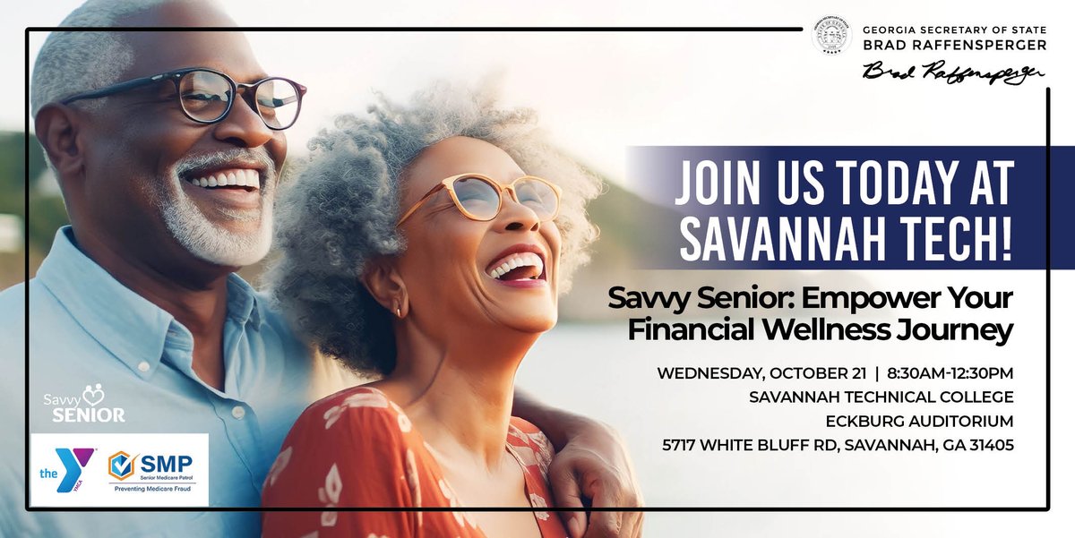 GaSecofState's tweet photo. Join our free financial wellness and fraud awareness event today at Savannah Technical College for seniors, families, and caregivers. Walk ins welcome. https://t.co/j77Vjdrrn9 https://t.co/mkyXgyUlGc