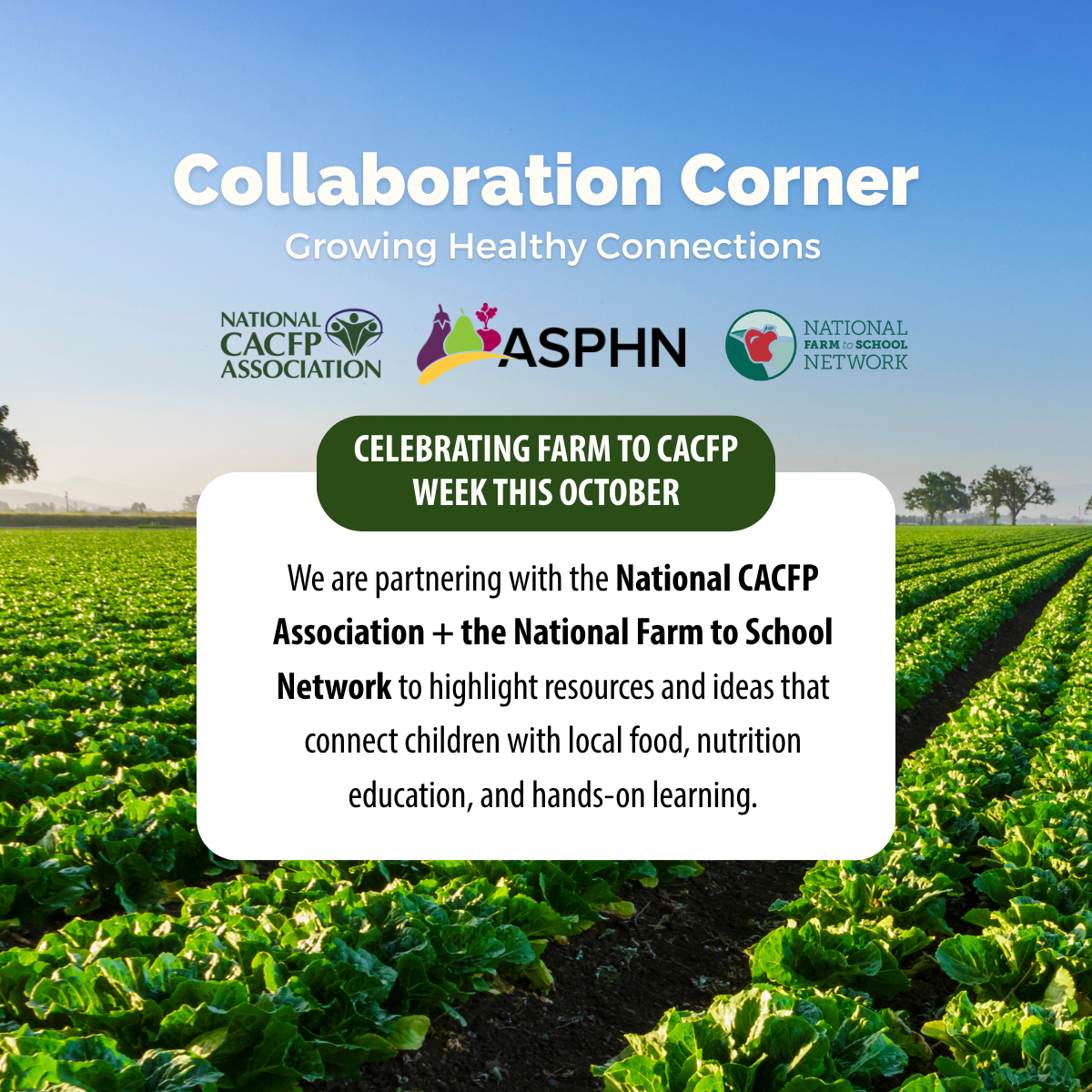 ASPHN1's tweet photo. We’re excited to partner with the National CACFP Association and @FarmtoSchool as we celebrate Farm to CACFP Week this October!
Follow along for resources and ideas.
#FarmToCACFP #CACFP #PublicHealthNutrition https://t.co/pR0NhSd9PD
