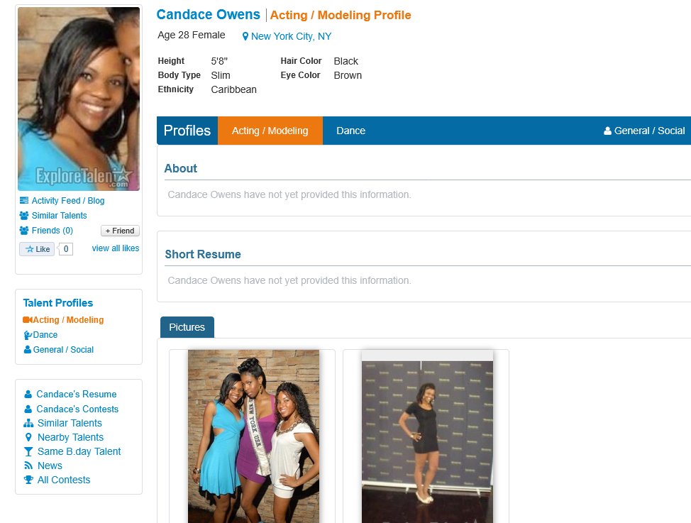 EsoShaggy's tweet photo. Full proof this is Candace: Candace Owens' original 2008 YouTube channel is named "Candamo429", featuring a video with her. This matches multiple emails registered to her gay dating profiles. The video is at URI and she later wrote about it on Degree 180.

The one different email matches her Flickr, Cdotamber. It has her birthday too, April 29th.

The URI email is linked to Candace Owens' MySpace page that features her full name. The account and the dating profile are nearly 2 decades old.

Candace's original twitter was @Candace_Amber

All locations match where Candace was at that exact time. Stamford, CT. Kington, RI. Narragansett, RI. Stamford has 139k people. Kingston has about 7k people. Narragansett

There is only 1 Candace Owens born April 29th (429) from Stamford, Connecticut who later attended the University of Rhode Island in Kingston, RI. That is an exact duplicate of the dating profiles, along with the time frame Candace attended URI.

There is one other Candace A Owens from Connecticut who is over 20 years older, but not from Stamford. There's a Candace Danielle Owens who lived in Stamford at a point that's roughly her age, but born 7 months later and has lived elsewhere since the 90s. Candace lived in Stamford (after New York) until she moved to university.

Candace Owens uses the same passwords everywhere.

Additionally, Candace Owens used the same phone number on her Explore Talent profile as she used on her on her Degree180 website. That Explore Talent profile is linked to a candamo429 email.

The Candamo429 email was first posted on Kiwi Farms in 2016 on the third page of Candace Owens' thread when she was originally identified.

The 2014 date is only because the AFF leak was in 2016, so later  dates didn't register. However going to the profile itself shows it was last used 2022.

The only alternative explanation is that a timetraveler went back to 2008 when nobody knew who Candace Owens was, hacked all her accounts, spoofed her IP 4 times, somehow linked multiple social medias, her own website and all her data to compromised emails. Also Candace was never notified of this. 
And then this timetraveler logged into just one profile in 2022. As a 18+ year consistent psyop.

I am offering to 100k to anyone who can debunk all 4 of these accounts as not being Candace Owens'. 

Candace abusing community notes or having kids doesn't debunk the profiles. Candace deleting the accounts after this release doesn't count either when you can still find the data leaks across multiple OSINT providers.

Needless to say, the online accounts, personal info and digital forensics confirm that without a doubt, this is Candace Owens 100%.