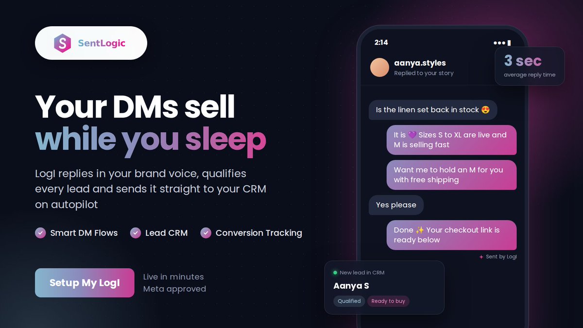 sentlogic's tweet photo. Your Instagram DMs never sleep and now neither does your sales team 😴💸
LogI replies in your brand voice, qualifies every lead and sends it straight to your CRM 🤖✨
Set it up once and let it sell for you 👇
#InstagramMarketing #AIautomation #ShopifyStore https://t.co/JCLruttDRH