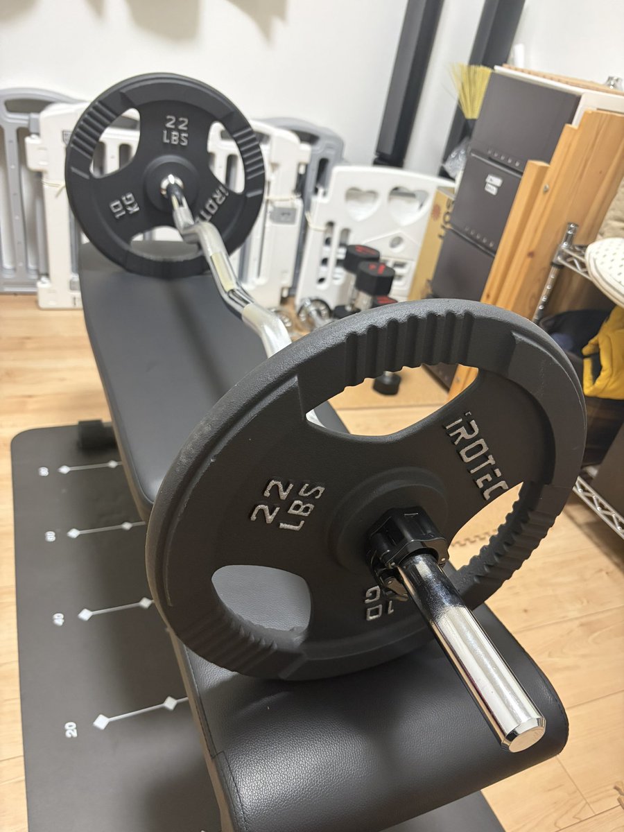ymst_315's tweet photo. 今年の2月にこのEZバー(6.5kg)+10kgプレート×2枚を購入した時は「こんなもの持ち上がるわけがない！」とせいぜい5rep程度で悲鳴を上げていたのに、気づいたら+10kg足して10〜12repのメニューになっていた。筋肉は裏切らない！ https://t.co/RJ75MexeNG