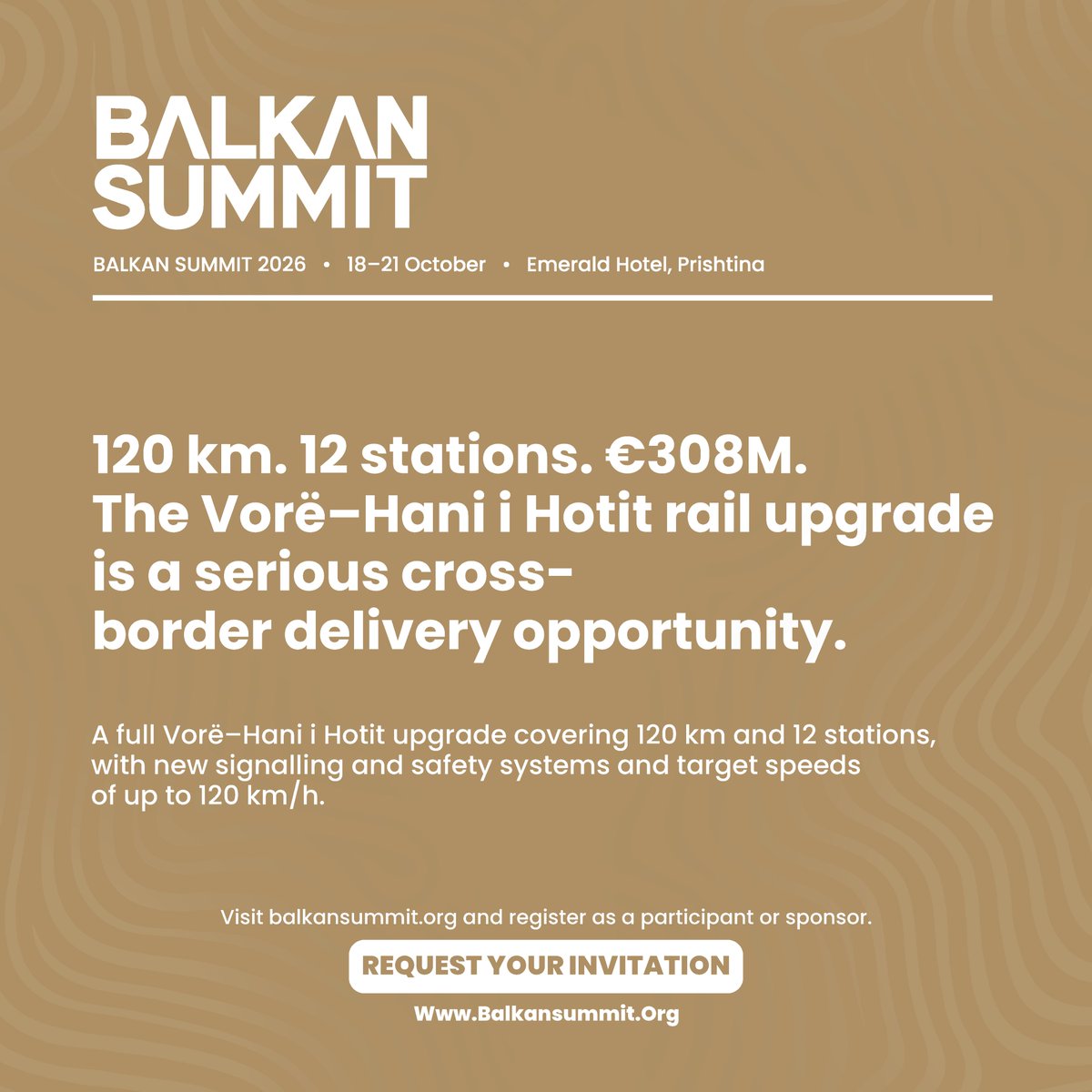 balkan_summit's tweet photo. A 120km rail upgrade from Vorë to Hani i Hotit will rehabilitate 12 stations and add new signalling and safety systems, targeting speeds up to 120km/h. Explore potential rail, engineering and finance opportunities at Balkan Summit 2026.

https://t.co/Xoei9UYikJ https://t.co/vX4pUcHmZi