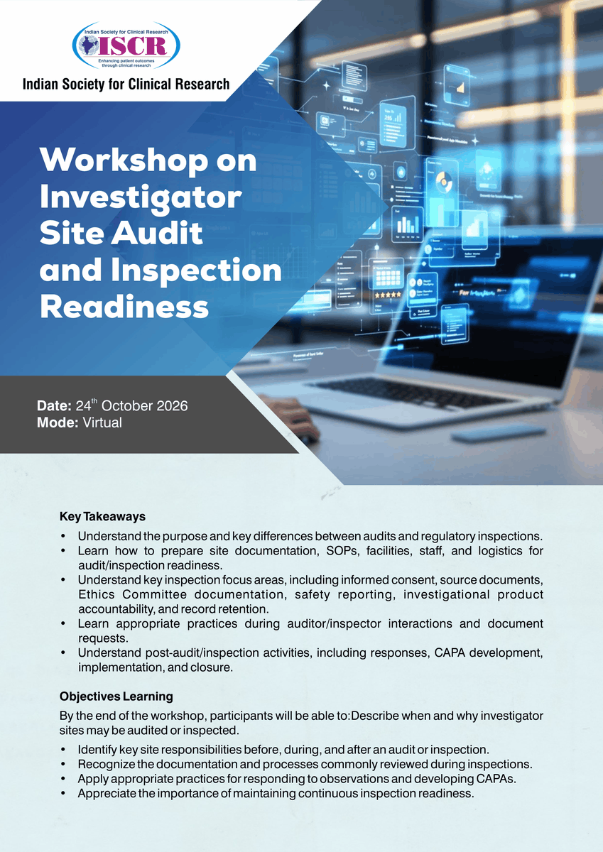 iscrindia's tweet photo. Compliance Council

📅 24th Oct 2026 | 10:00 AM-2:00 PM | Virtual | ₹300+GST

Covers inspection focus areas, CAPA development, auditor interactions &amp; continuous readiness.
Register: https://t.co/BdQ59uWnhT https://t.co/P4l5bUtv3K