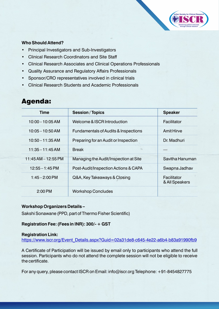 iscrindia's tweet photo. Compliance Council

📅 24th Oct 2026 | 10:00 AM-2:00 PM | Virtual | ₹300+GST

Covers inspection focus areas, CAPA development, auditor interactions &amp; continuous readiness.
Register: https://t.co/BdQ59uWnhT https://t.co/P4l5bUtv3K