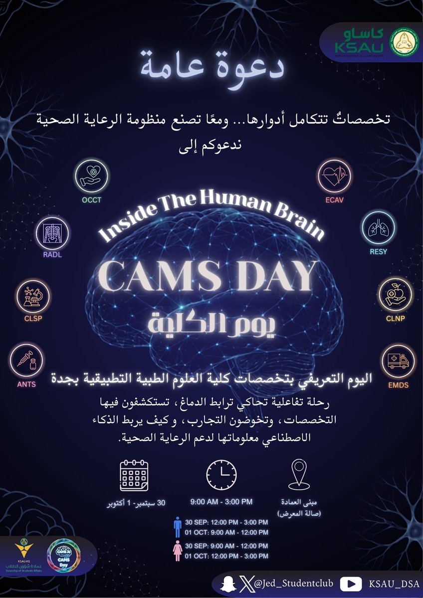 Jed_StudentClub's tweet photo. @Dr_b_almuqbil @KSAU_DSA ندعوكم لخوض رحلة تفاعلية داخل الدماغ البشري، نستكشف فيها التخصصات، نخوض التجارب، ونكتشف كيف يمكن للذكاء الاصطناعي أن يعيد تشكيل مستقبل الرعاية الصحية 🤖🧠

تخصصات متعددة، أدوار متكاملة، ومستقبل واحد للرعاية الصحية. 💙

#CAMSClub26 #CAMS_DAY26 https://t.co/l3UorMl7PL