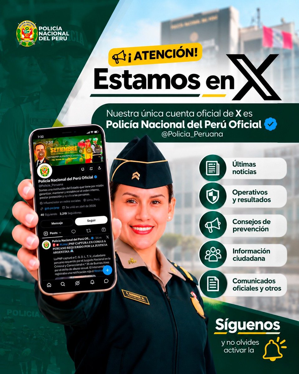 Policia_Peruana's tweet photo. 📢🇵🇪 ¡ATENCIÓN! ESTAMOS EN X
Conoce de primera mano las últimas noticias, operativos, resultados, alertas, consejos de prevención y comunicados de la Policía Nacional del Perú.
📲 Síguenos en @Policia_Peruana
🔗 https://t.co/zbXJNNWdjJ
🔔 Activa las notificaciones y no te pierdas nuestras novedades.
🚔 ¡Tu seguridad es nuestra prioridad!