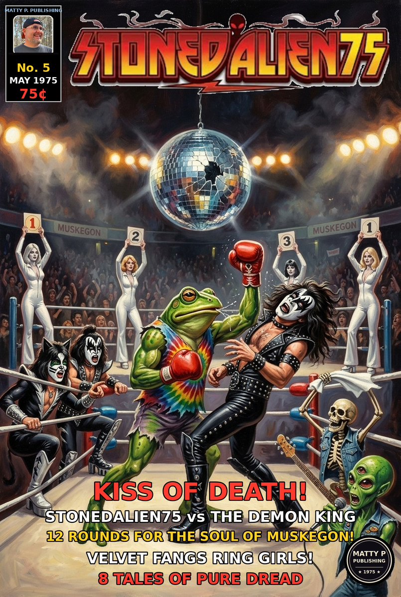 StonedAlien75's tweet photo. KISS OF DEATH! 🥊👽 Our frog-man bassist goes 12 rounds with the Demon King — winner takes the SOUL of Muskegon. Double knockout.
Issue No. 5, MAY 1975 — 17 pages of pure dread for 75 cents. 🩸🔔
Remember the PDF Full magazine file is the first reply down below! https://t.co/OUrB76NxwQ