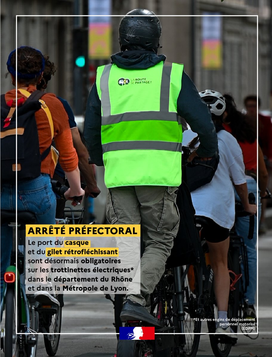 Image de Préfet de région Auvergne-Rhône-Alpes et du Rhône - #SécuritéRoutière | Le casque et le gilet fluo deviennent obligatoires dans le Rhône
🛴 L'arrêté pr