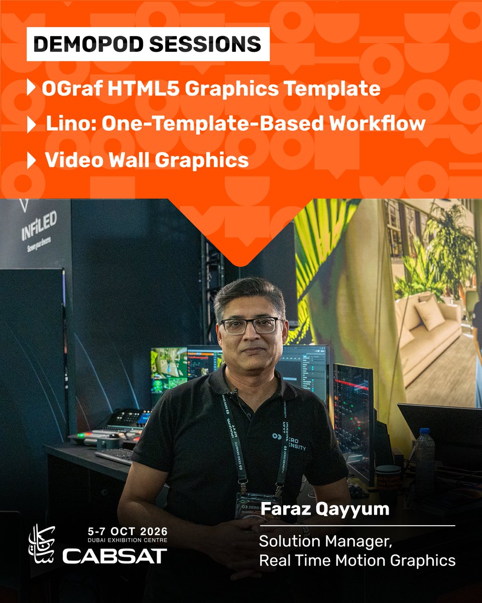 0Density's tweet photo. See HTML5 graphics for video walls and Lino template-based broadcast graphics with Faraz Qayyum at #CABSAT2026.

Explore OGraf Studio and custom video wall resolutions at @infiledcom's Booth H1-D30.

Schedule your meeting: https://t.co/nF2396HRIo https://t.co/PnquDpGXYL