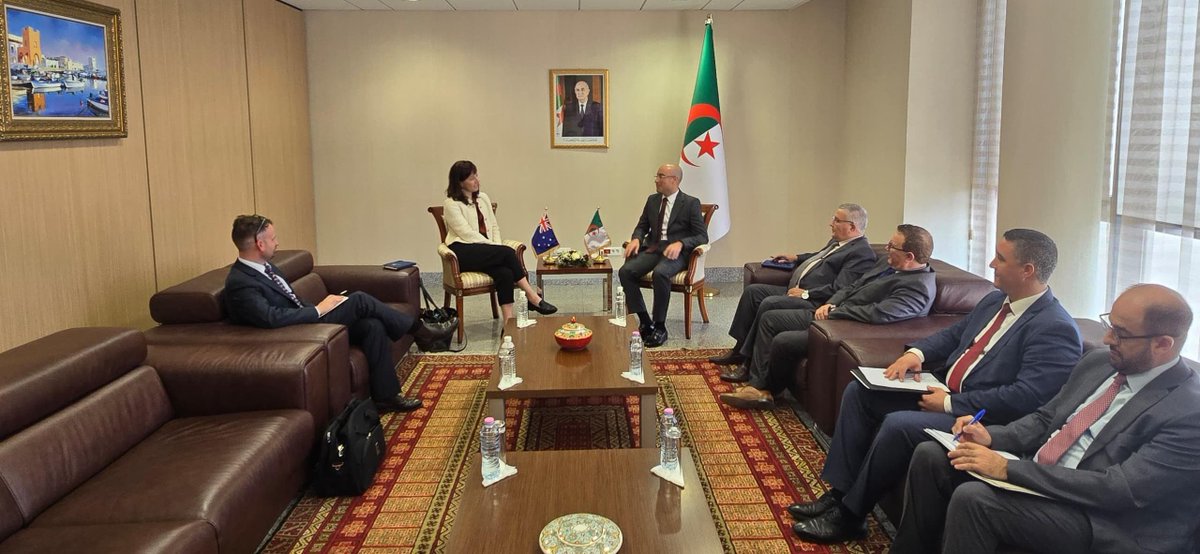 Algeria_MFA's tweet photo. استقبل كاتب الدولة لدى وزير الشؤون الخارجية، المكلف بالجالية الوطنية بالخ��رج، السيد @SECCNE_Chaib اليوم، السيدة @AusAmbCT السفيرة والمبعوثة الخاصة لوزارة الشؤون الخارجية الأسترالية المكلفة بمكافحة الإرهاب، التي تقوم بزيارة عمل إلى الجزائر خلال الفترة من 27 إلى 29 سبتمبر الجاري. https://t.co/xlzK406LgP