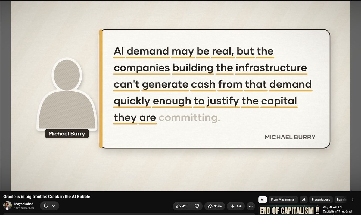 Rushabh_2020's tweet photo. Today I learned more about the AI bubble, especially Oracle’s layoffs and AI infrastructure spending.

Will the AI bubble pop by 2030, or is this simply the next evolution of technology? 🤔

What do you think? 👀

Youtube : https://t.co/p5pE6tVlIJ https://t.co/jKN9eSTJUD