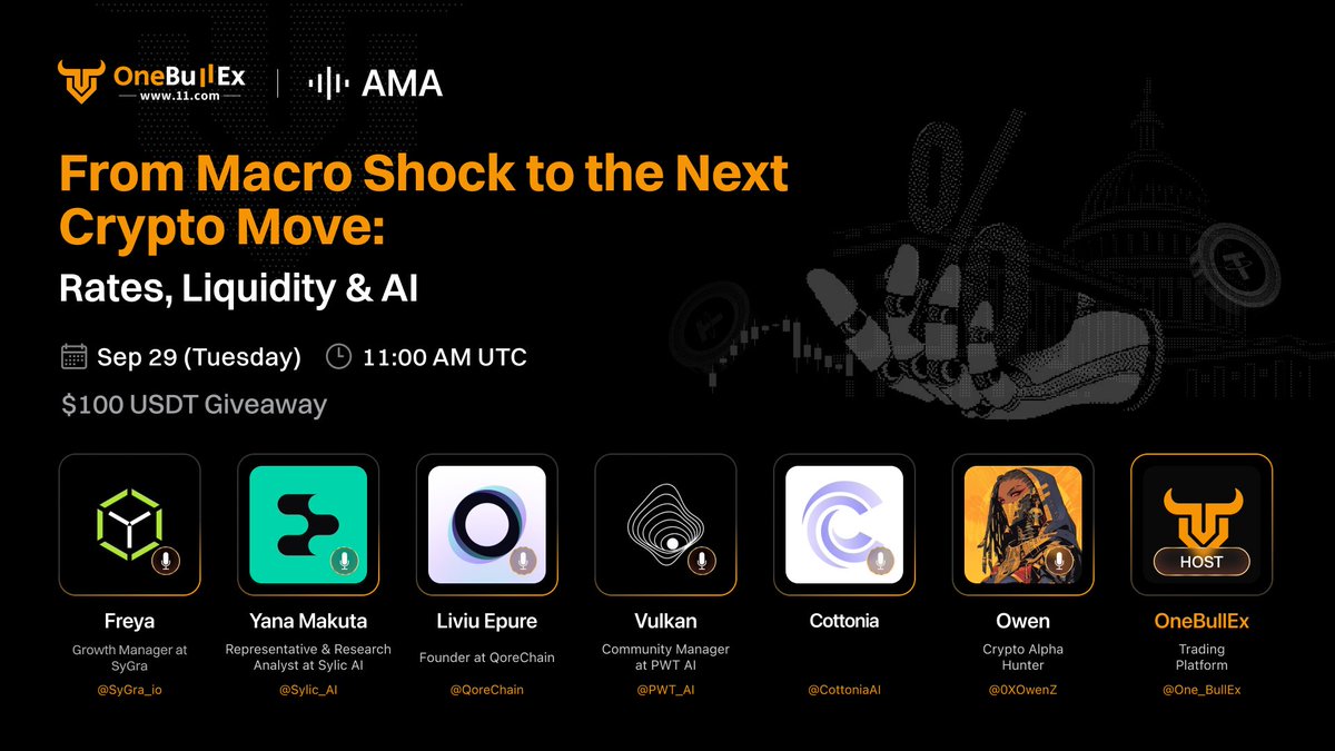 One_BullEx's tweet photo. 🌪️ 𝕏 Space｜From Macro Shock to the Next Crypto Move: Rates, Liquidity & AI

🗓️ 11:00 AM UTC · Sep 29 (Tuesday)
⚔️ Set your reminder: https://t.co/fHcC4a4xiD 
🫟 $100 USDT Giveaway

1️⃣ Follow @One_BullEx 
2️⃣ Like & RT this post
3️⃣ Drop your questions in the comments 👇

🚀 Meet our special guests:
@SyGra_io · @Sylic_AI · @QoreChain · @PWT_AI · @CottoniaAI · @0XOwenZ
Rates are shifting. Liquidity is in focus. AI is changing how traders read the market. What could drive crypto’s next move? 

Join us Tuesday to connect the macro picture with what’s happening on the charts. 🦾🖤⚔️

#OneBullEx #Spartans #AI #Trading #AMA